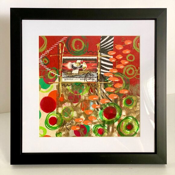 Lets Communicate Original Art Painting Collage Mixed Media Matted 8x8in - Picture 2 of 10